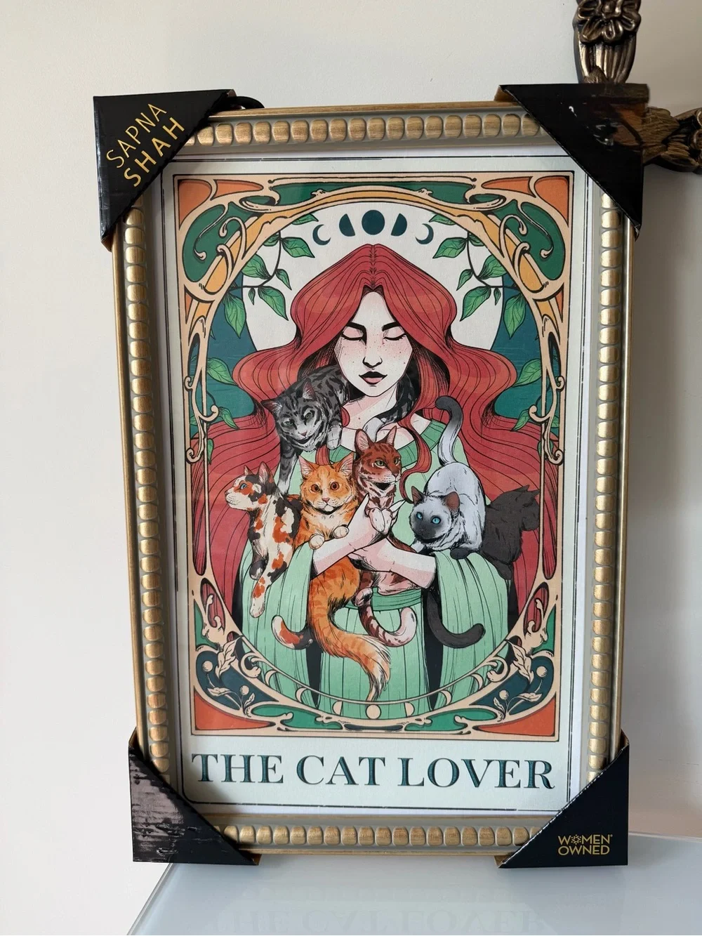 Sapna Shah The Cat Lover tarot card gold Framed Wall Art